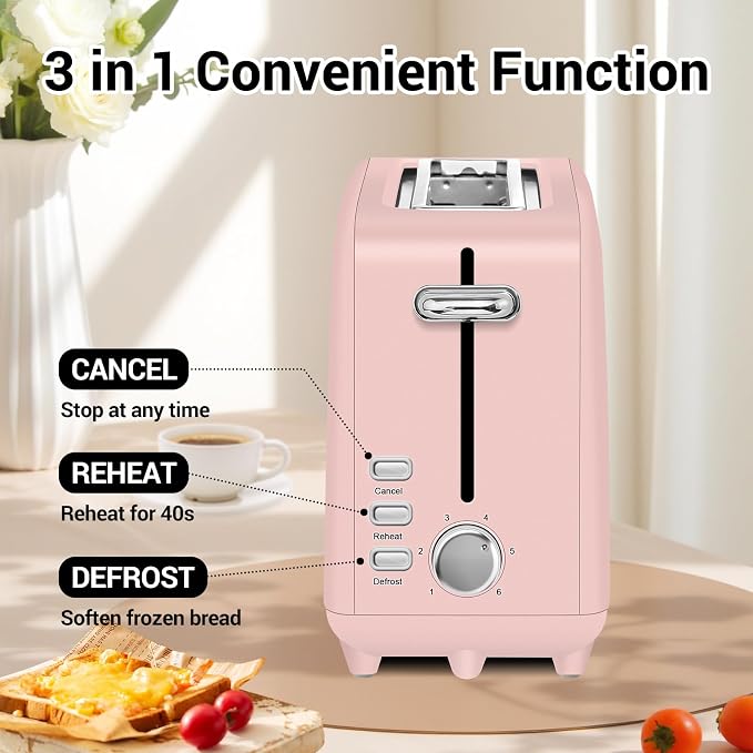 SEEDEEM Stainless Steel Toaster 2 Slice Slim, 10" Single Long Slot, Pink | 6 Shade Settings, Extra Wide Slot Fits Bagels & Artisan Bread, Defrost, Cancel Function, Removable Crumb Tray
