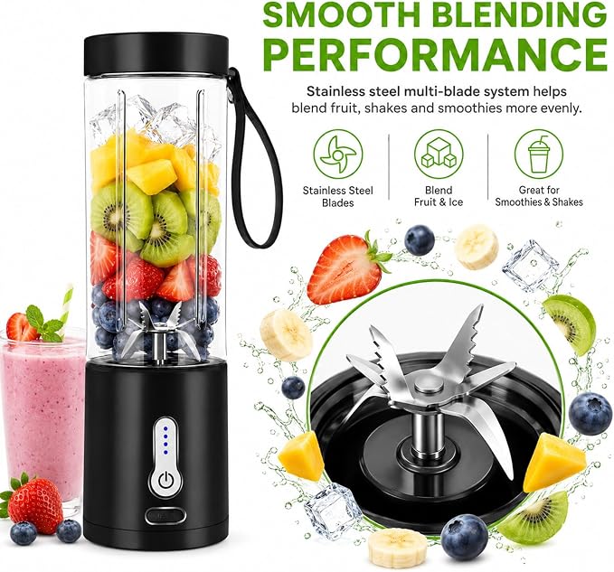 Portable Personal Blender, Cordless Juicer Cup, USB Rechargeable Ideal for Shakes & Smoothies,Ice Blending,Juicing, Mini Blender for Travel Sports Outgoing Office Gym