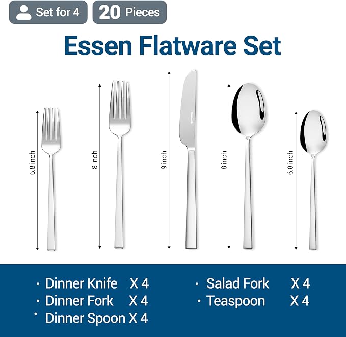20-Piece Durable 18/10 Silverware Set, Stainless Steel Flatware | Dishwasher Safe, Service for 4, Spoons and Forks Set for Everyday Use, Home, Kitchen, Restaurant, Hotel, Party (Essen)