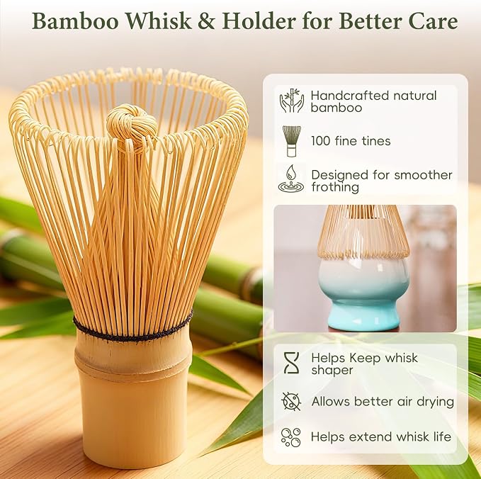 Matcha Whisk Set, Ceramic Matcha Set Includes Bowl & Holder, Bamboo Whisk (Chasen), Scoop, Spoon and Sifter, 6Pcs Matcha Kit Covers Everything Needed for Making Matcha (Blue)