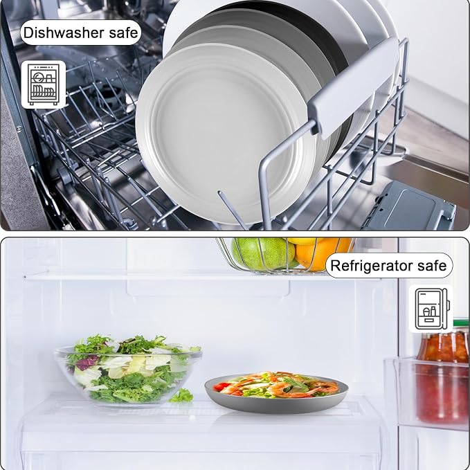 HEYCOME 12 Pcs Unbreakable Deep Dessert Plates Set, 8 inch Reusable Plastic Wheat Straw Plates, Microwave and Dishwasher Safe Plate for Kitchen, Lightweight Plate for Dessert, BPA Free, 6 Colors