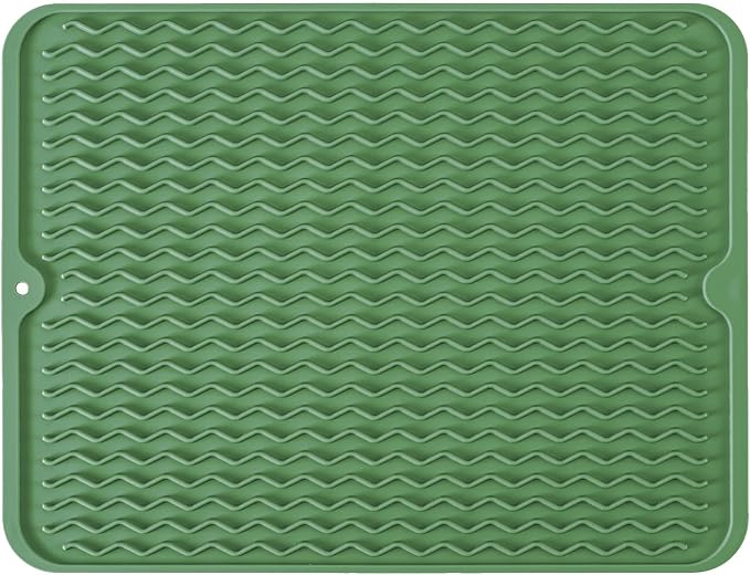 Silicone Dish Drying Mat, Non-Slip Easy Clean Sink Mat, Dark Green, 14"x11" | Quick-Dry Ridges, Large Heat-resistant Dish Drainer Mat for Kitchen Counter, Hangable & Roll-Up for Storage, Dishwasher Safe