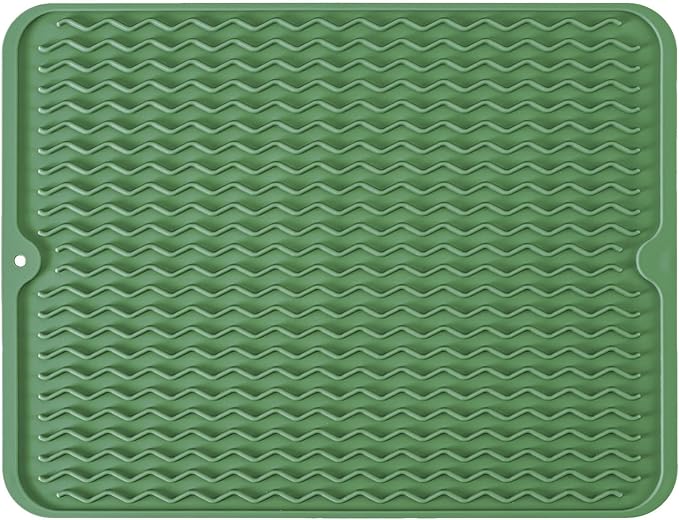 Silicone Dish Drying Mat, Non-Slip Easy Clean Sink Mat, Dark Green, 24"x18" | Quick-Dry Ridges, Large Heat-resistant Dish Drainer Mat for Kitchen Counter, Hangable & Roll-Up for Storage, Dishwasher Safe