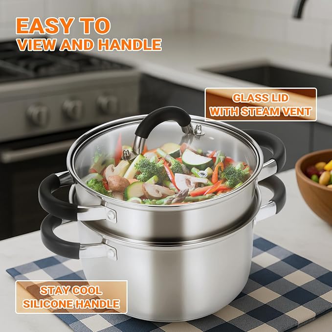 Kirecoo 3.2QT Stainless Steel Steamer for Cooking with Lid & Steamer Basket