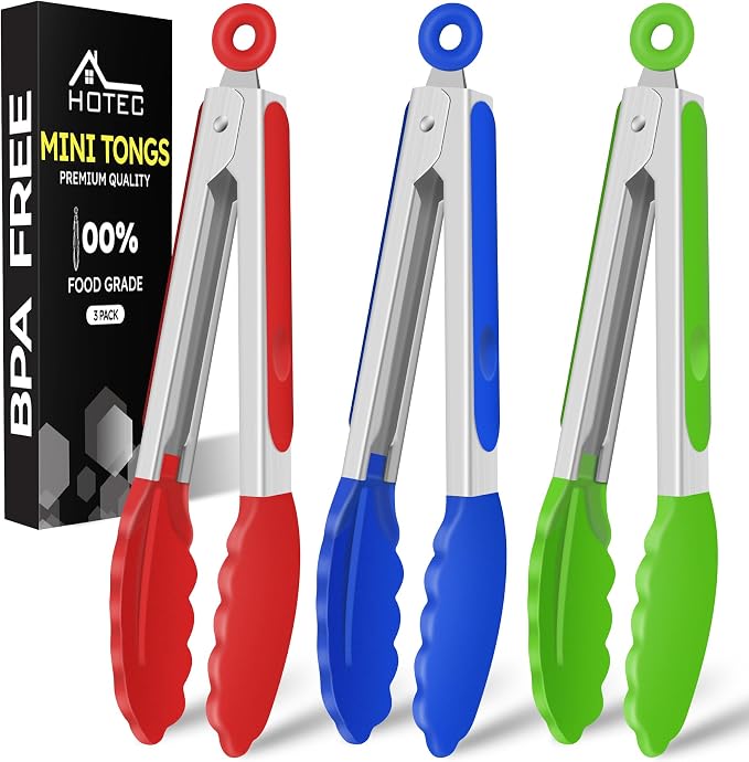 Hotec Mini Silicone Kitchen Tongs for Cooking - 7-Inch Small Serving Tongs with Silicone Tips, Set of 3 (Red,Blue,Green)