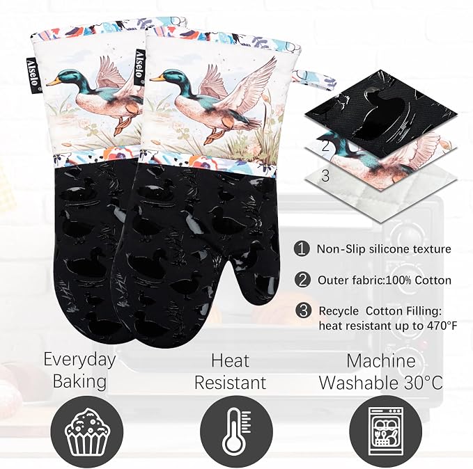 Alselo Oven Mitts 1 Pair, Silicone Printed Kitchen Mittens,7"x13.5" | Heat Resistant & Non-Slip Oven Gloves, Fashion Animal Design with Soft Quilted Cotton Lining for Baking Cooking (Darkgray2)