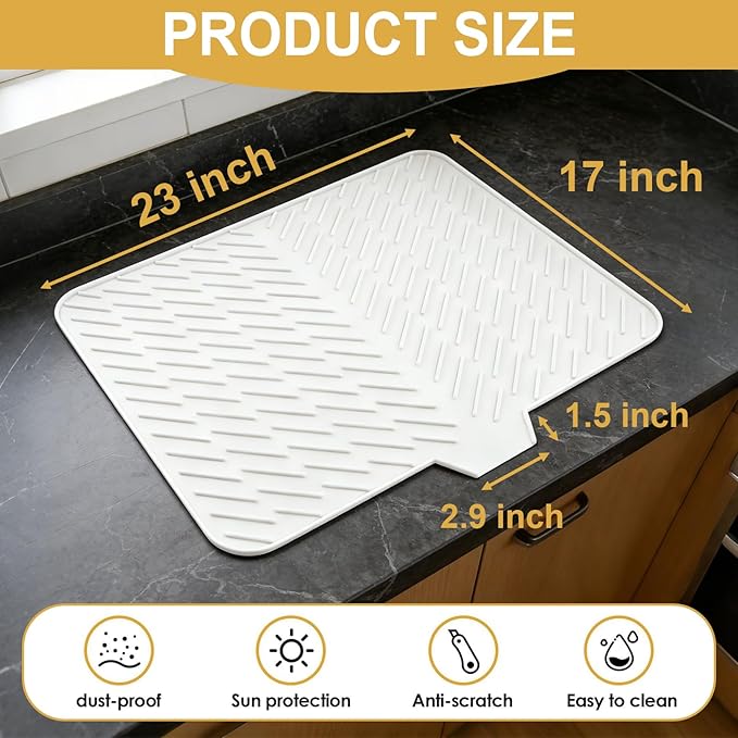 Silicone Dish Drying Mat for Kitchen Counter, 23" x 17" White-1pcs | Heat Resistant & Non-Slip Dish Drain Pad with Built-In Drain, Quick-Dry, Hangable & Roll-Up for Storage，Multi-Functional Use