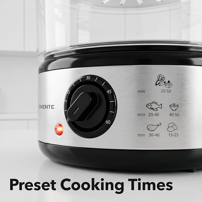 OVENTE 2-Tier Electric Food Steamer, 5 Qt Stainless Steel, Silver FS62S | Stackable Steam Cooker with 400W Power, 60-Minute Timer & Auto Shut-Off, Dishwasher Safe, Healthy Vegetables, Seafood & More