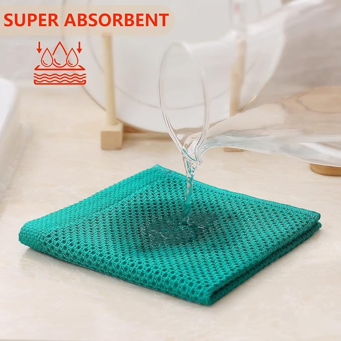 Kitinjoy 100% Cotton Waffle 12-Pack Kitchen Towels, 12" x 12", Teal | Ultra Absorbent, Super Soft, lightweight, Quick Drying Dish Rags for Washing Dishes