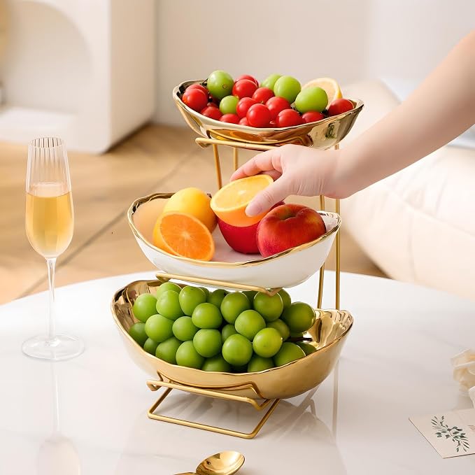 Gold Silver Fruit Bowl with Metal Stand, 3 Tier Ceramic White Fruit Bowl Fruit Rack for Kitchen Counter, Tiered Fruit Basket for Snacks Bread Candy Storage (Gold (Smooth Surface))