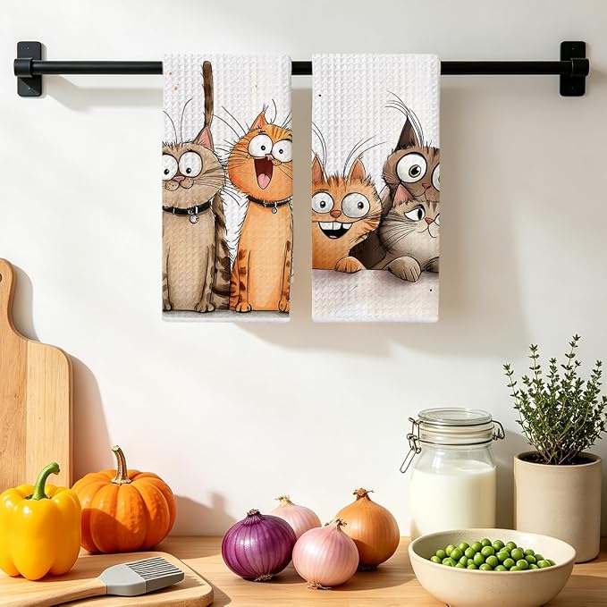 Jztco 2 Pcs Cute Cat Kitchen Towels, Cats Soft Absorbent Hand Tea Towel | Microfiber Dish Cloths for Drying Dishes, Waffle Dish Towels for Kitchen Bathroom Decor, Cat Lover Gifts for Women