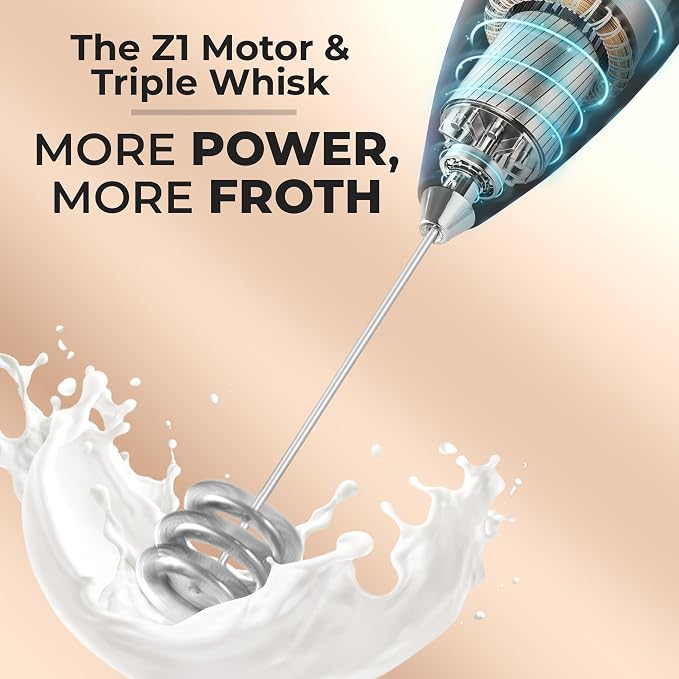 Zulay Kitchen Powerful Milk Frother Wand With Duracell Batteries - Ultra Fast Handheld Drink Mixer - Electric Whisk Foam Maker for Coffee, Lattes, Cappuccino & Matcha - Triple Whisk - Black