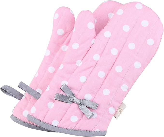NEOVIVA Kitchen Oven Mitts for Kids,Heat Resistant Cotton Oven Gloves | Set of 2,for Cooking,Baking,Play Kitchen,Farmhouse Restaurant,Polka Dots Pink