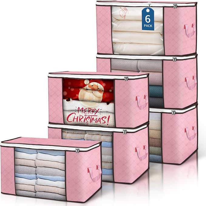 90L Large Storage Bags, 6 Pack Clothes Storage Bins Closet Organizers | oldable Storage Containers, with Reinforced Handle, for Clothing, Blanket, Comforters, Bed Sheets, Pillows and Toys