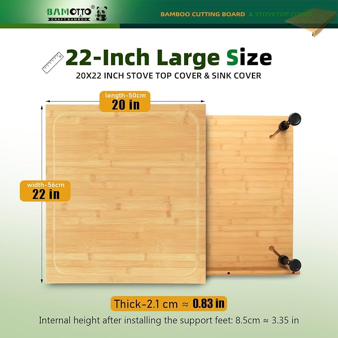 BAMOTTO CRAFTBAMBOO 20 x 22 Inch Bamboo Cutting Board, Stovetop Cover | Detachable Legs | Detachable Non-Slip Front Lip | Over-the-Sink Board | Reversible Dual Juice Grooves | Kitchen Noodle Board