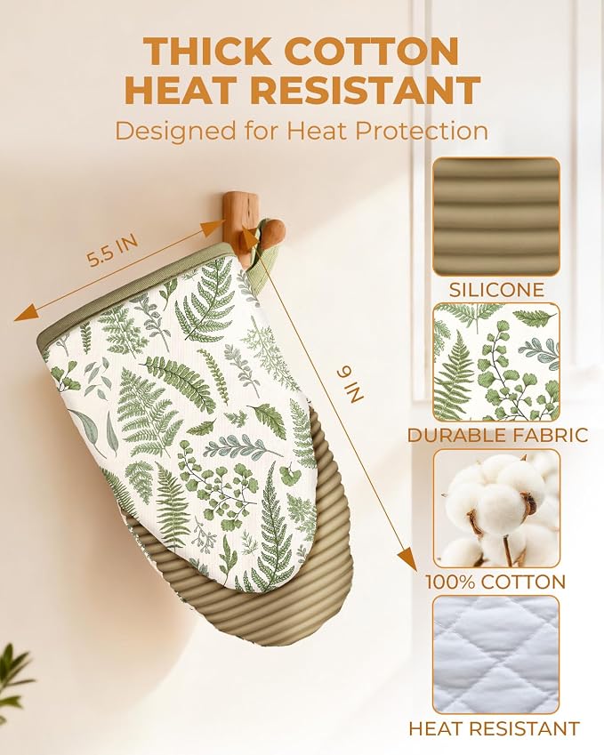 100% Thick Cotton Oven Mitts Ribbed Soft Silicone Natural Leaf | Aesthetic Oven Mitts for Women, Machine Washable Non-Slip Kitchen Mitts, Reversible for Both Hands, Stylish Kitchen Decor