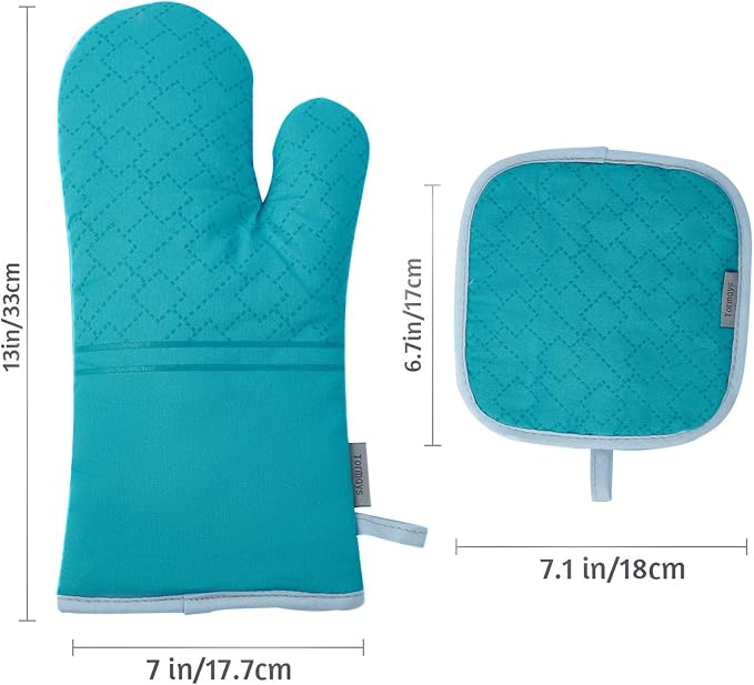 4Pcs Oven Mitts and Pot Holders Set, 572F Heat Resistant Oven Glove, Soft Cotton Lining with Non-Slip Surface for Kitchen Baking BBQ (Turquoise)