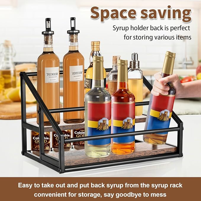 YQBRAO 2-Tier Coffee Syrup Organizer, 8-Bottle Rack, Rustic Brown | Holds up to 8 bottles in two raised rows for coffee bars, kitchens, counters, and beverage stations.