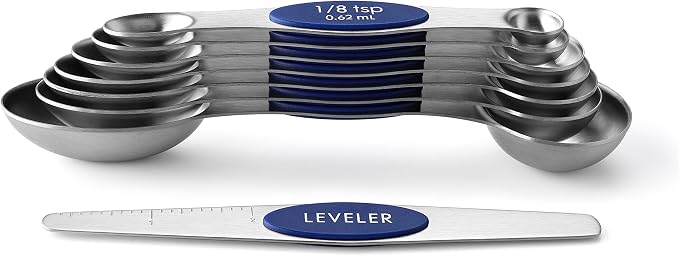 Spring Chef 8 Magnetic Measuring Spoons Set for Baking & Cooking, Sapphire | Stainless Steel Teaspoon & Tablespoon Measuring Spoons with Leveler for Dry & Liquid Ingredients, Dual Sided, Dishwasher Safe