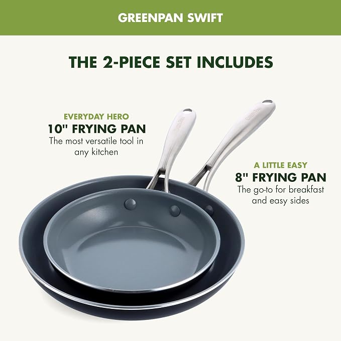 GreenPan Swift Healthy Ceramic Nonstick, 8" and 10" Frying Pan Skillet Set, Stainless Steel Handles, PFAS-Free, Dishwasher Safe, Oven Safe, Black