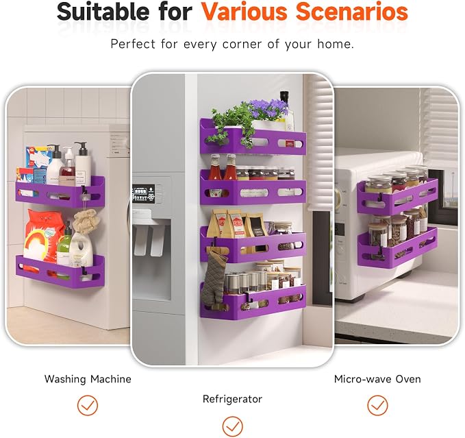 4-Pack Magnetic Spice Rack for Refrigerator with Hooks, Purple | Strong multipurpose magnetic shelf for kitchen & bathroom organization. Includes 4 removable hooks for hanging items.