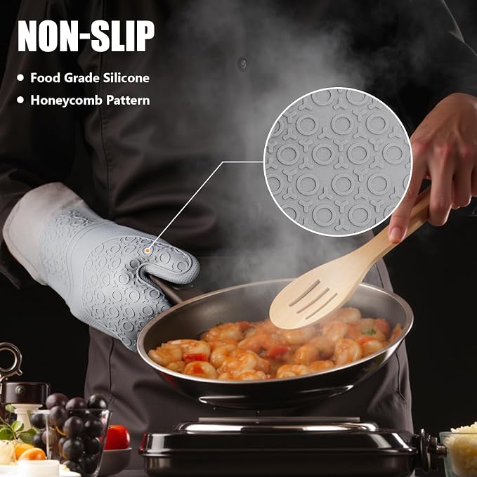 RORECAY Silicone Oven Mitts and Pot Holders Sets, Gloves for Kitchen, Gray | Set of 6 Kitchen Mitts for Baking & Cooking, Heat Resistant 500 ℉, 15" Extra Long, Non-Slip & Waterproof, Quilted Cotton