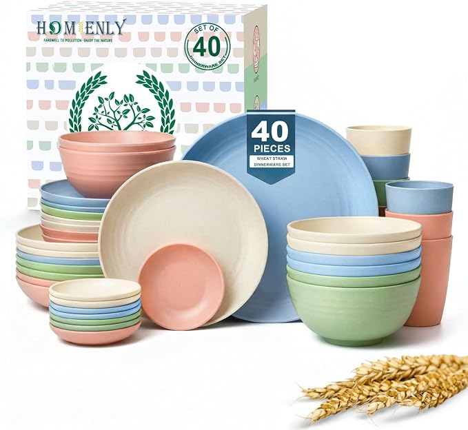 40-Piece Dinnerwave Set Service for 8 Unbreakable Kitchen Plates and Bowls Sets - Dinner Plates, Dessert Plates, Soup Bowls, Cup Set, Soy Sauce Dish Microwave & Dishwasher Safe (Light Multi)
