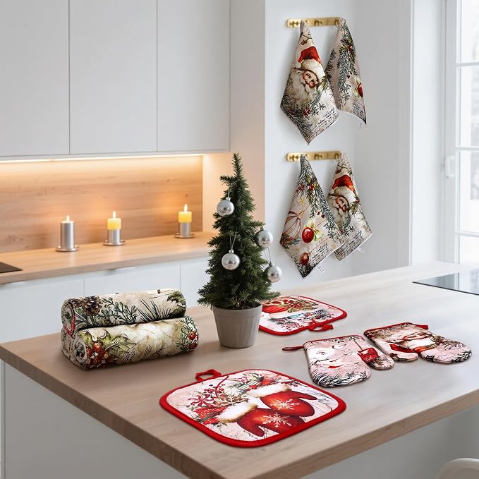 SiliFine 12 Pcs Christmas Kitchen Accessories Set Retro Snowman Pot Holders Vintage Santa Oven Mitts Xmas Tree Kitchen Towels for Farmhouse Christmas Home Decorations, Cooking Baking Holiday Gifts