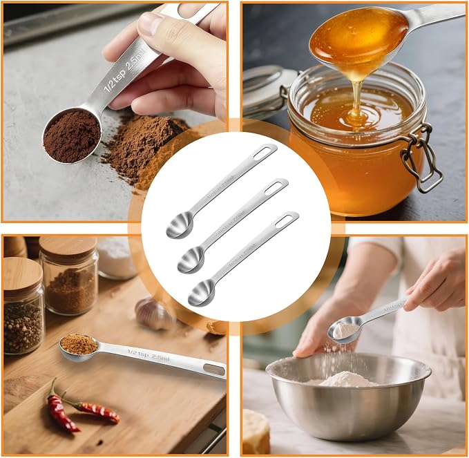 3 Pcs 7.5ml/ 1/2 Tbsp Short Handle Scoops – Stainless Steel Measuring Spoons for Baking, Liquid Ingredients & Tea, Soup & Kitchen Cooking
