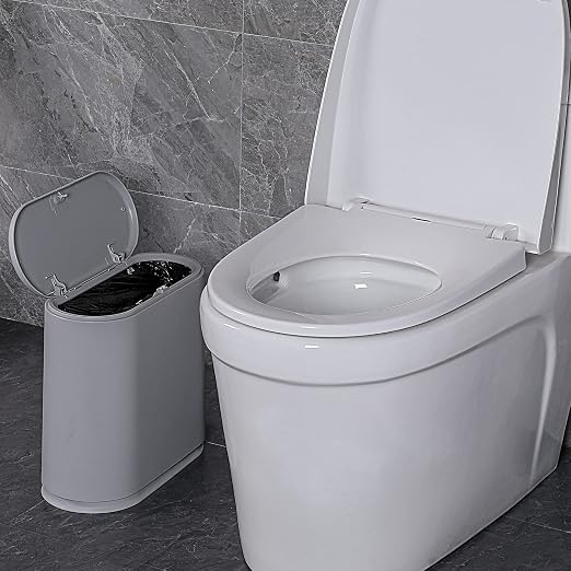 Sooyee 10 Liter Rectangular Slim Plastic Trash Can, Gray | Press Type Lid, 2.4 Gallon, Wastebasket, For Bathroom, Powder Room, Bedroom, Kitchen, Craft Room, Office