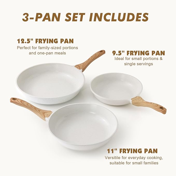 SENSARTE Ceramic Nonstick Frying Pan Skillets, White (9.5+11+12.5 Inch) | Healthy ceramic nontoxic coating, PTFE & PFAS free. Compatible with all stoves including induction cooktops. Easy to clean.