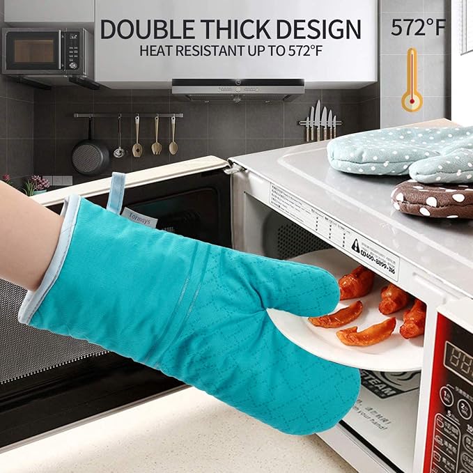 4Pcs Oven Mitts and Pot Holders Set, 572F Heat Resistant Oven Glove, Soft Cotton Lining with Non-Slip Surface for Kitchen Baking BBQ (Turquoise)