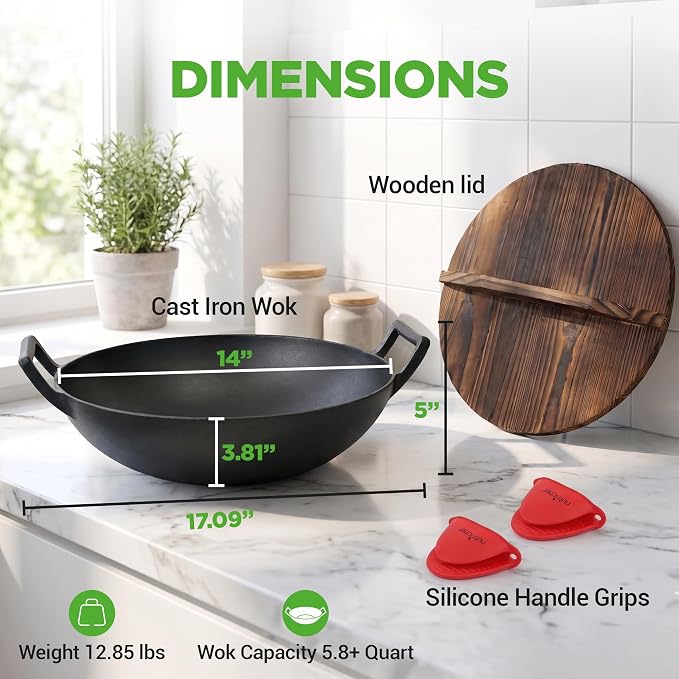 NutriChef 14" Cast Iron Wok with Wooden Lid - Pre-Seasoned Kadai for Stir-Fry with Loop Handles, Compatible with Multiple Cooktops Including Induction, Large 5.8 Qt Capacity
