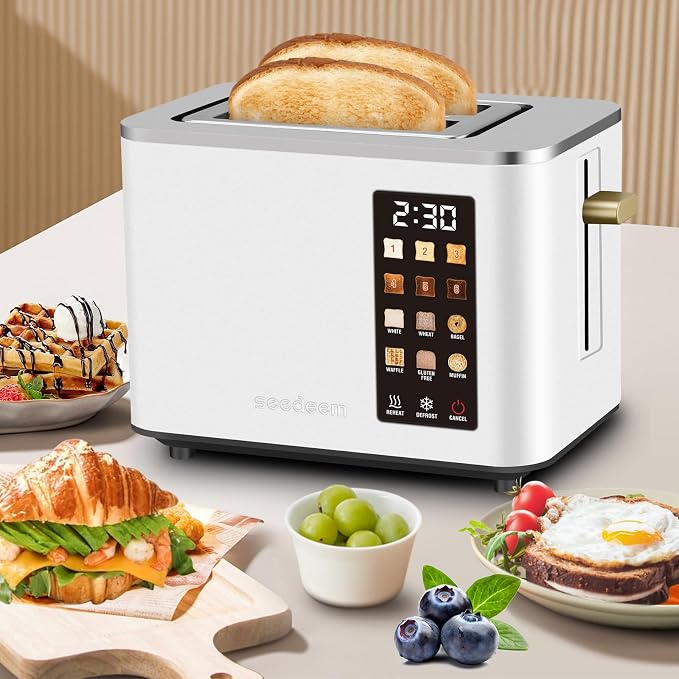SEEDEEM Touchscreen Toaster 2 Slice, Stainless Steel, 6 Shade, 900W, White