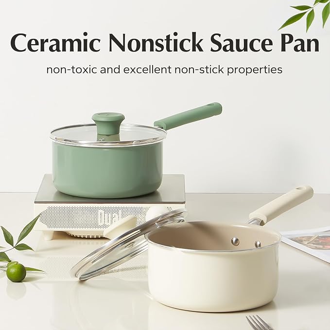 Redchef Ceramic Nonstick Saucepan with Lid, 2.5QT Small Cooking Pot, Non Toxic Sauce Pans for Kitchen, Cool Handle PFAS Free Compatible with All Cooktops, Green