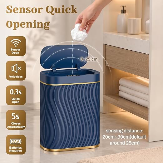 2.6 Gallon Automatic Bathroom Trash Can with Touchless Lid, Blue Gold | Motion Sensor Trash Can with Slim Waterproof Body; Small Plastic Garbage Can, hands-free lid for Bedroom, office, and kitchen