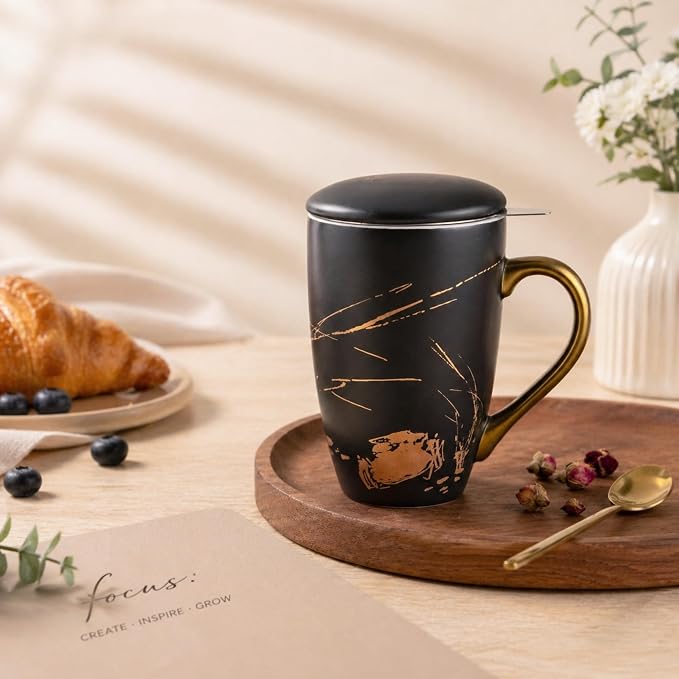 AmorArc Tea Cup With Infuser and Lid, 18oz Loose Leaf Tea Mug With Steeper | Porcelain Tea Mug With Infuser and Lid, Large Strainer Tea Cup with Lid for Tea, Coffee Mug for House-warming Birthday Gift