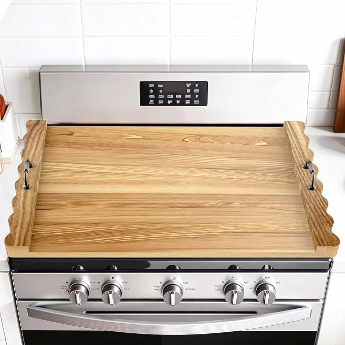 Latest wave-patterned wooden stove top cover, stylish pine panel stove top cover,suitable for gas stoves with 4 and 5 burners, food tray, kitchen stove tray. (Light wood color)