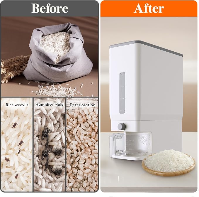 Lifewit Rice Dispenser 25 Lbs, Airtight Storage with Cup, 2 Pack White | BPA-Free 11.3kg Capacity Storage Container for Beans, Corn & Other Small Grains, One-Press Dispensing Bin for Kitchen Pantry