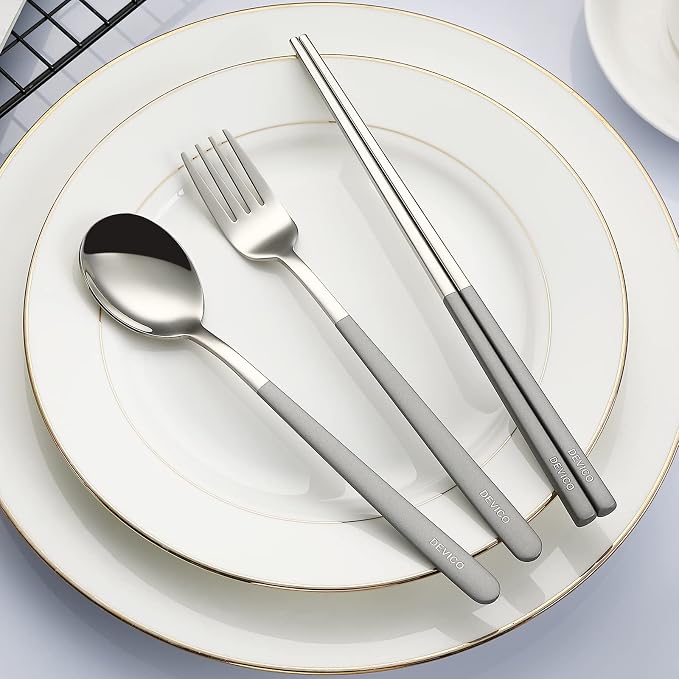 DEVICO Travel Utensils with Case, 4 Piece Portable Silverware Set for Work | 18/8 Stainless Steel Reusable Travel Cutlery Set, Korean Chopsticks Fork and Spoon Set for Lunch Box/Camping/Picnic/Dorm,Gray