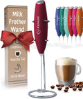 Elementi Milk Frother Wand & Drink Mixer with Stand - Turbo Milk & Coffee Frother Handheld - Hand Held Coffee Mixer Wand & Cold Foam Maker for Frothy Cappuccinos, Lattes & Drink Mixes (Burgundy)