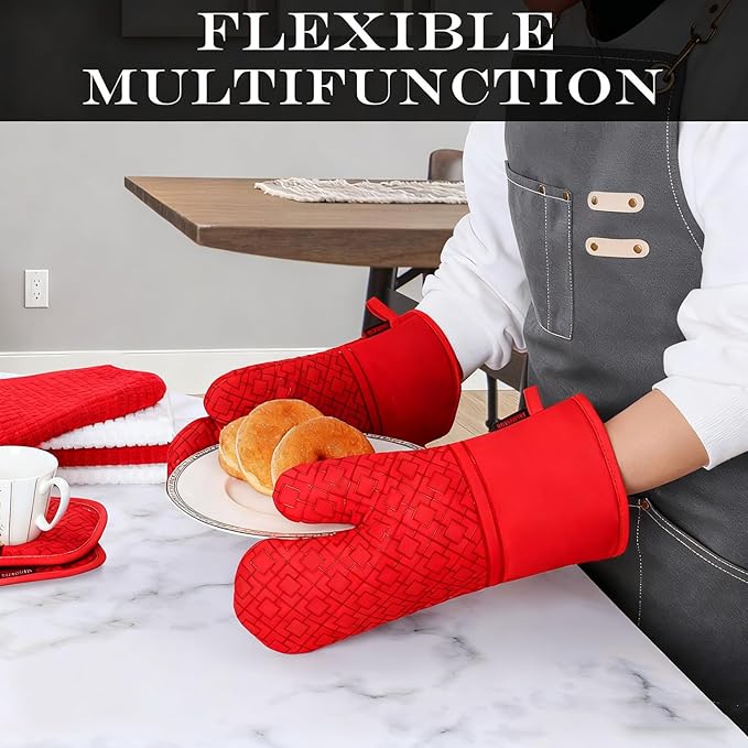 Oven Mitts and Pot Holders Sets 6pcs, Kitchen Oven Glove,High Heat Resistant 550 Degree Extra Long Oven Mitts and Potholders with Non-Slip Silicone Surface for Home Essentials (Grey) (Coral Red)