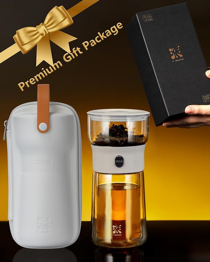 ZENS Modern Glass Infuser Pot, One Touch Tea Maker for Loose Leaf Tea | Glass Teapot with Infuser, Magic Tea Infuser with 6.7oz Insulated Mug and Portable Case for Tea Lovers Gifts