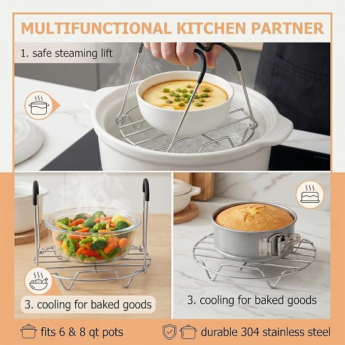 Instant Pot Trivet with Silicone Handle Steamer Rack for Roasting Serving | Heat-Resistant Handle, Multi-Use Design, Fits Instant Pot & Pressure Cookers
