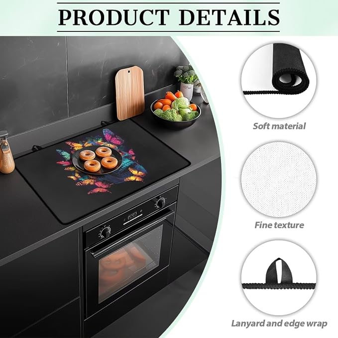 Groovy Skull Colorful Butterfly Print Stove Top Covers for Electric Stove Dish Drying Cooktop Cover Anti-Slip Stovetop Protector Range Covers for Glass Top Stove, 29.18 x 20.96 inch