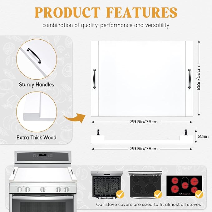 GASHELL Noodle Board Stove Cover with Handles for Electric, Gas Stove Top | 100% Bamboo, White, Increases Countertop Space, Multi-purpose, used as Charcuterie Board, Serving Tray, Turkey Board