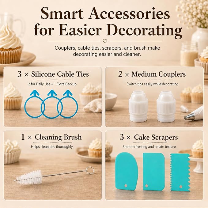 Reusable Piping Bags And Tips Set, 2 16-Inch Cotton Bags, 7 Tips | Stainless Steel Nozzles, 3 Silicone Ties, 2 Piping Tip Couplers, 3 Blue Scrapers, White Cleaning Brush, Piping Tip Guide