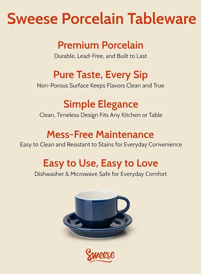 Sweese 8 Ounce Porcelain Stackable Cappuccino Cups with Saucers and Metal Stand - for Specialty Coffee Drinks, Cappuccino, Latte, Americano and Tea - Set of 4, Navy