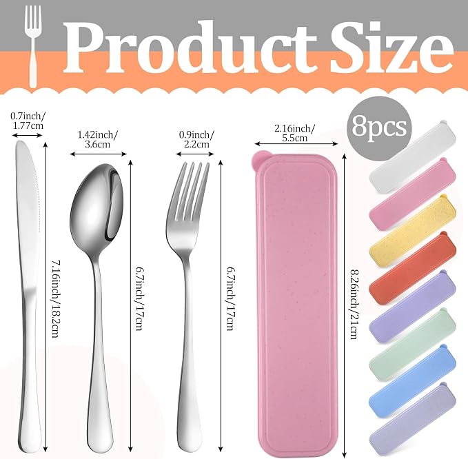 8 Pack Travel Silverware Set with Case for Lunch,Pastel | Reusable Utensils with Case, Portable Flatware, Camping Cutlery, Fork Spoon Knife, for Work School, Dishwasher Safe