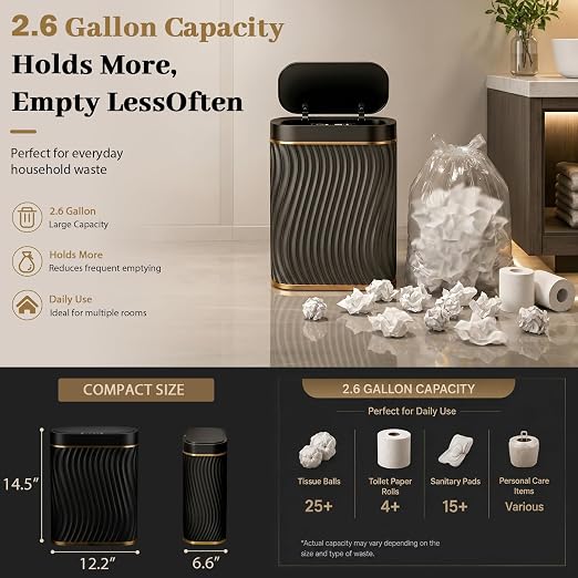 2.6 Gallon Automatic Bathroom Trash Can with Touchless Lid, Black Gold | Motion Sensor Trash Can with Slim Waterproof Body; Small Plastic Garbage Can, hands-free lid for Bedroom, office, and kitchen